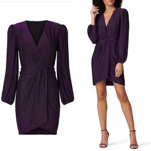 Saylor Holliday Metallic Faux Wrap Mini Dress S Purple Vneck Glitter Party